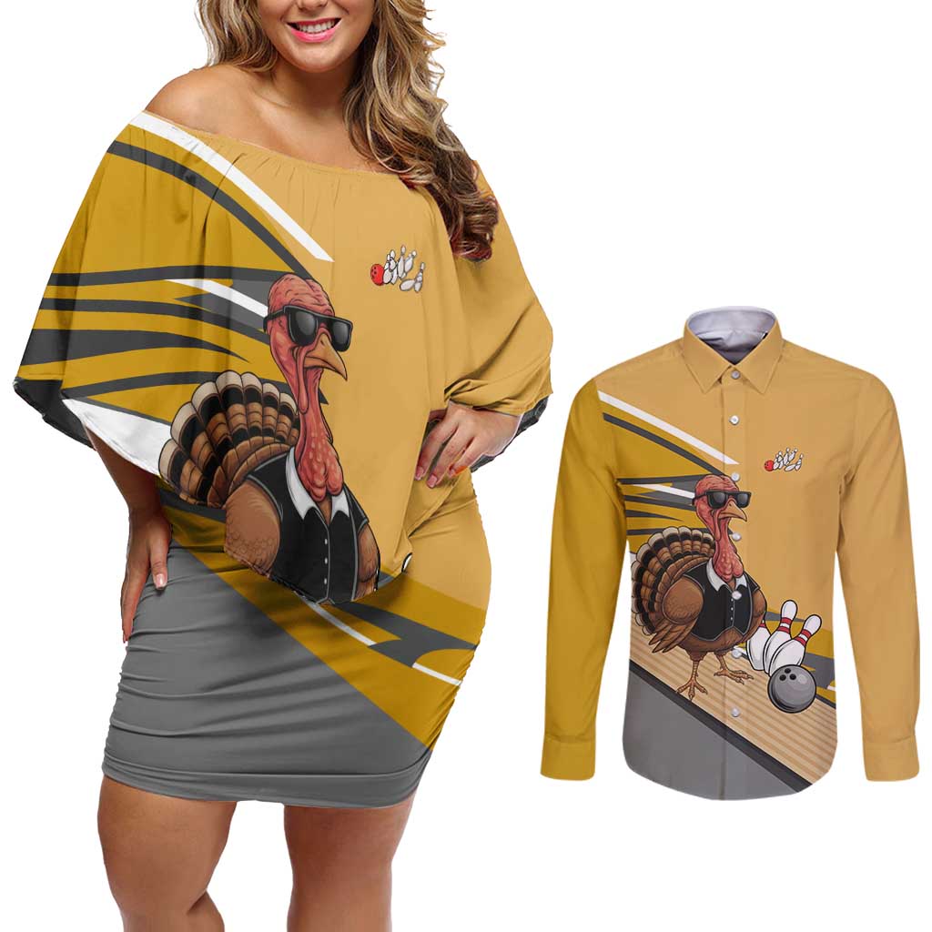 Personalized Cool Turkey Bowling Couples Matching Off Shoulder Short Dress and Long Sleeve Button Shirt with Sunglasses Pins - Wonder Print Shop