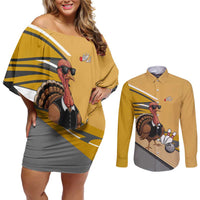 Personalized Cool Turkey Bowling Couples Matching Off Shoulder Short Dress and Long Sleeve Button Shirt with Sunglasses Pins - Wonder Print Shop