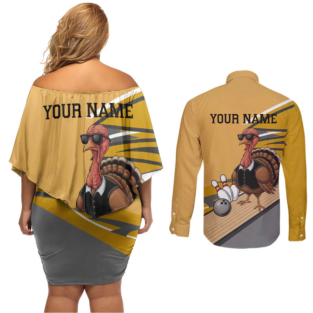 Personalized Cool Turkey Bowling Couples Matching Off Shoulder Short Dress and Long Sleeve Button Shirt with Sunglasses Pins - Wonder Print Shop
