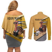 Personalized Cool Turkey Bowling Couples Matching Off Shoulder Short Dress and Long Sleeve Button Shirt with Sunglasses Pins - Wonder Print Shop
