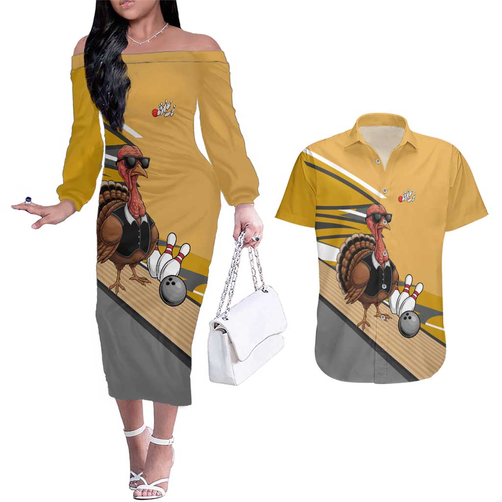 Personalized Cool Turkey Bowling Couples Matching Off The Shoulder Long Sleeve Dress and Hawaiian Shirt with Sunglasses Pins - Wonder Print Shop