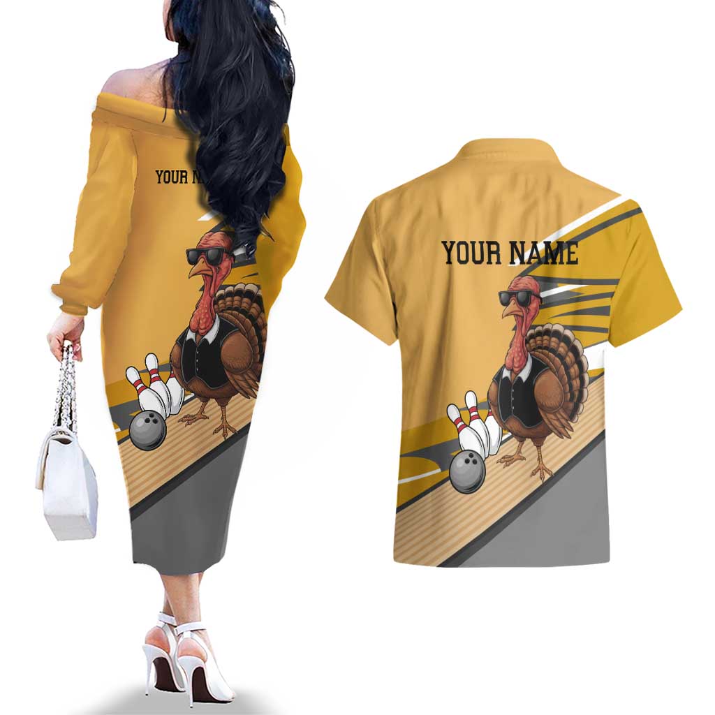 Personalized Cool Turkey Bowling Couples Matching Off The Shoulder Long Sleeve Dress and Hawaiian Shirt with Sunglasses Pins - Wonder Print Shop
