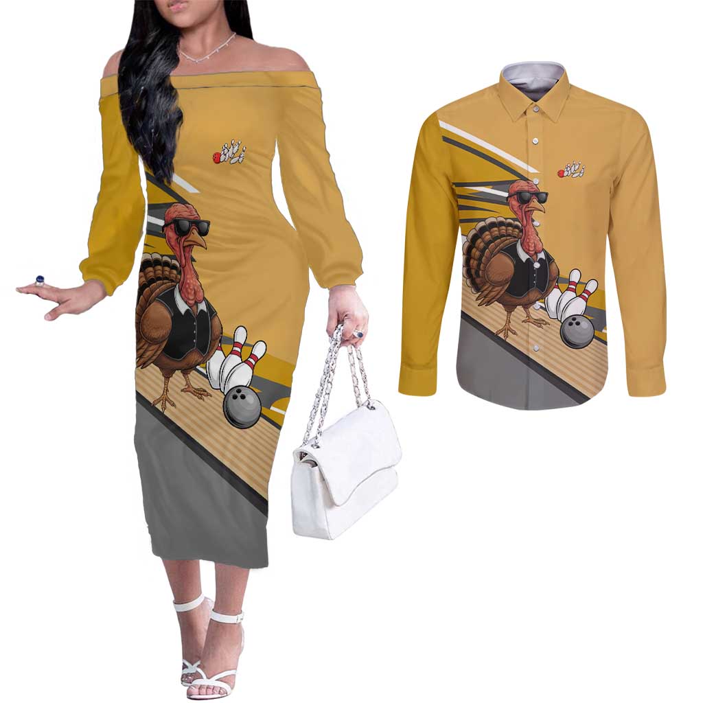 Personalized Cool Turkey Bowling Couples Matching Off The Shoulder Long Sleeve Dress and Long Sleeve Button Shirt with Sunglasses Pins - Wonder Print Shop