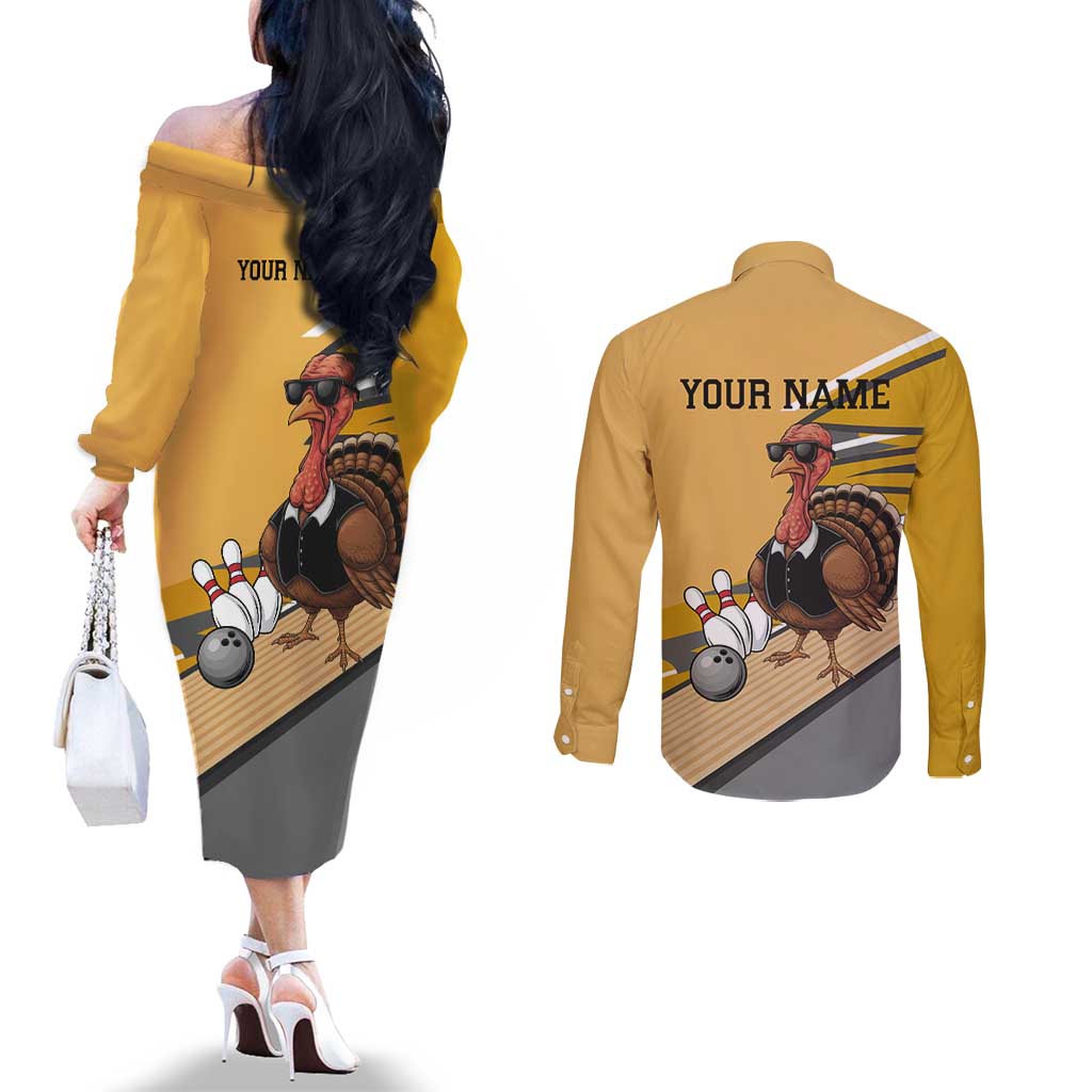 Personalized Cool Turkey Bowling Couples Matching Off The Shoulder Long Sleeve Dress and Long Sleeve Button Shirt with Sunglasses Pins - Wonder Print Shop