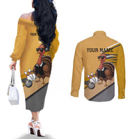 Personalized Cool Turkey Bowling Couples Matching Off The Shoulder Long Sleeve Dress and Long Sleeve Button Shirt with Sunglasses Pins - Wonder Print Shop