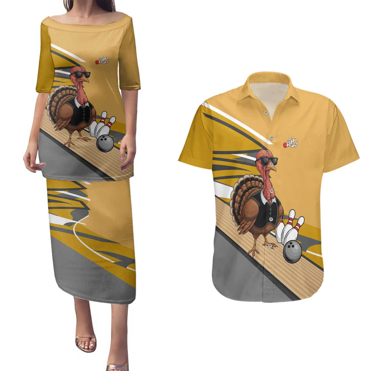 Personalized Cool Turkey Bowling Couples Matching Puletasi and Hawaiian Shirt with Sunglasses Pins - Wonder Print Shop