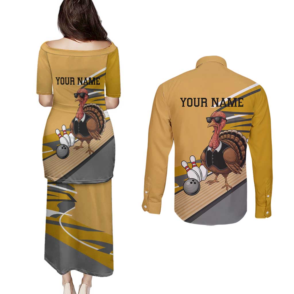 Personalized Cool Turkey Bowling Couples Matching Puletasi and Long Sleeve Button Shirt with Sunglasses Pins - Wonder Print Shop