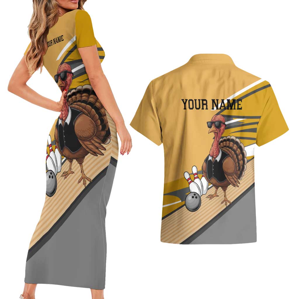 Personalized Cool Turkey Bowling Couples Matching Short Sleeve Bodycon Dress and Hawaiian Shirt with Sunglasses Pins - Wonder Print Shop