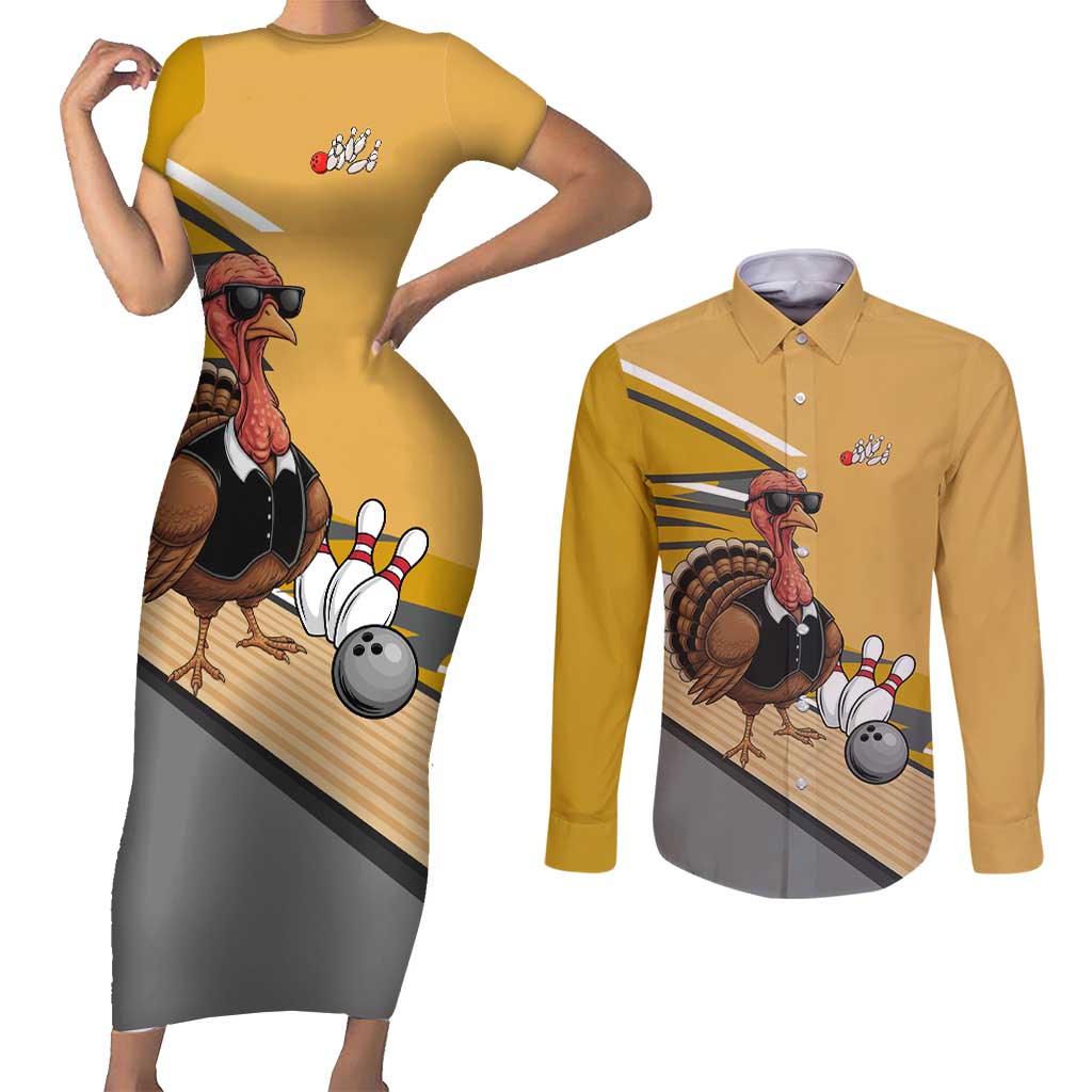 Personalized Cool Turkey Bowling Couples Matching Short Sleeve Bodycon Dress and Long Sleeve Button Shirt with Sunglasses Pins - Wonder Print Shop