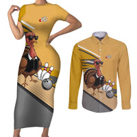 Personalized Cool Turkey Bowling Couples Matching Short Sleeve Bodycon Dress and Long Sleeve Button Shirt with Sunglasses Pins - Wonder Print Shop