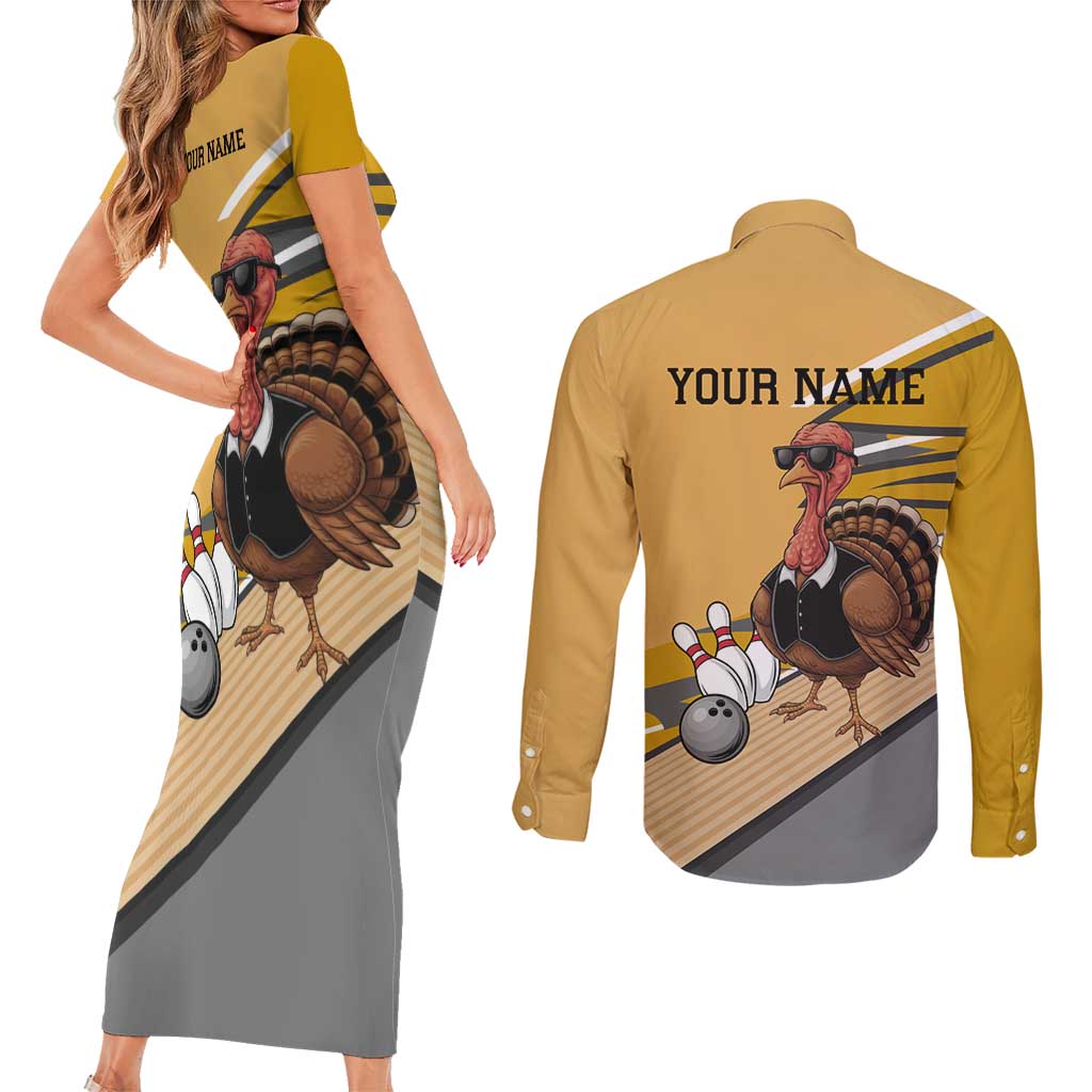 Personalized Cool Turkey Bowling Couples Matching Short Sleeve Bodycon Dress and Long Sleeve Button Shirt with Sunglasses Pins - Wonder Print Shop