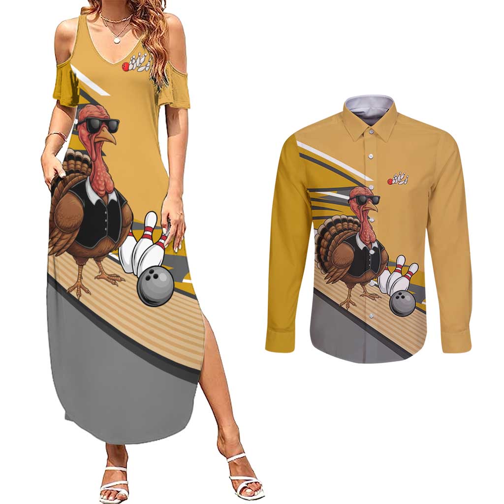 Personalized Cool Turkey Bowling Couples Matching Summer Maxi Dress and Long Sleeve Button Shirt with Sunglasses Pins - Wonder Print Shop