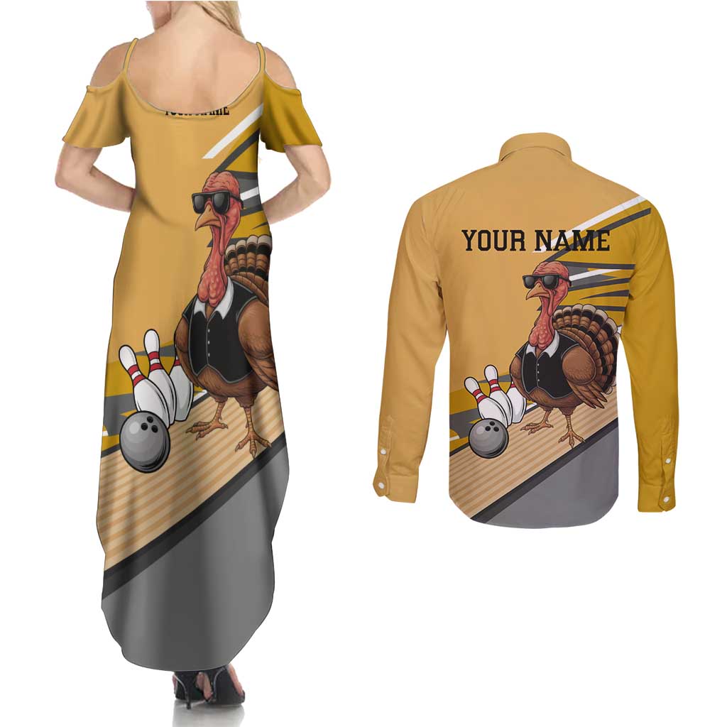 Personalized Cool Turkey Bowling Couples Matching Summer Maxi Dress and Long Sleeve Button Shirt with Sunglasses Pins - Wonder Print Shop