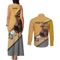 Personalized Cool Turkey Bowling Couples Matching Tank Maxi Dress and Long Sleeve Button Shirt with Sunglasses Pins - Wonder Print Shop