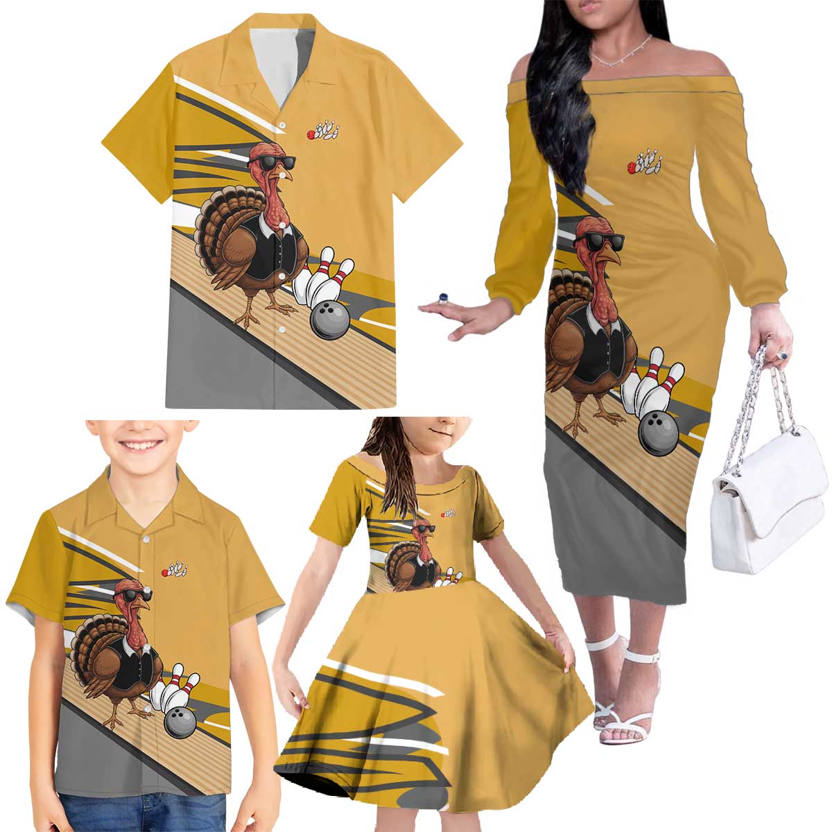 Personalized Cool Turkey Bowling Family Matching Off The Shoulder Long Sleeve Dress and Hawaiian Shirt with Sunglasses Pins - Wonder Print Shop