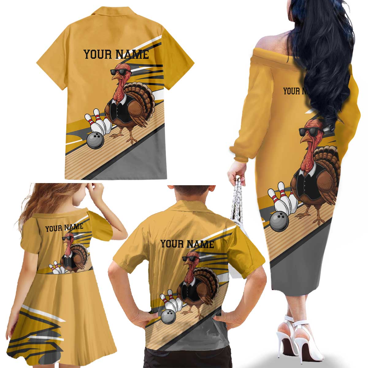 Personalized Cool Turkey Bowling Family Matching Off The Shoulder Long Sleeve Dress and Hawaiian Shirt with Sunglasses Pins - Wonder Print Shop