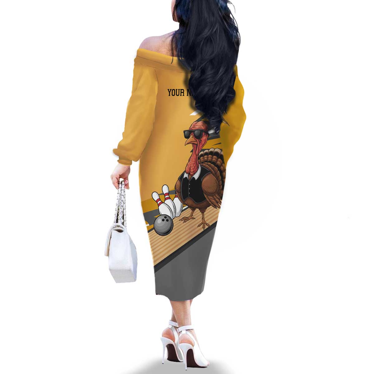 Personalized Cool Turkey Bowling Family Matching Off The Shoulder Long Sleeve Dress and Hawaiian Shirt with Sunglasses Pins - Wonder Print Shop
