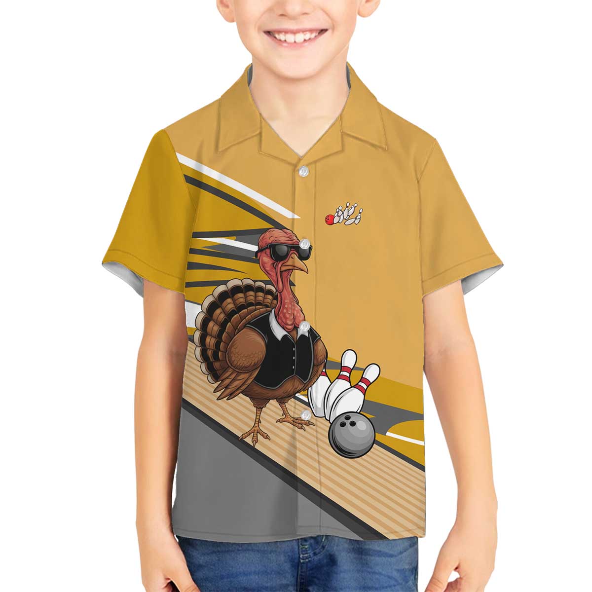 Personalized Cool Turkey Bowling Family Matching Off The Shoulder Long Sleeve Dress and Hawaiian Shirt with Sunglasses Pins - Wonder Print Shop