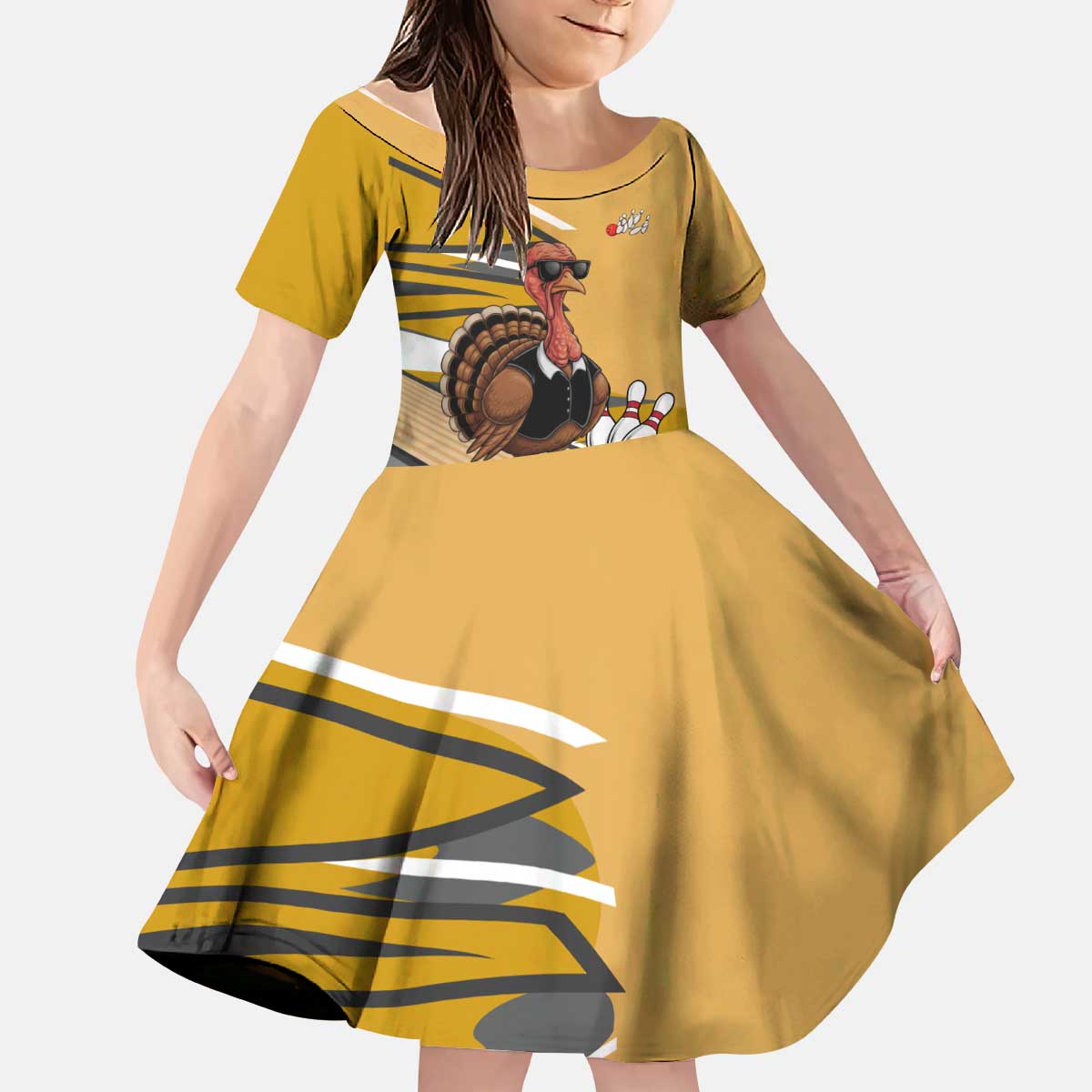 Personalized Cool Turkey Bowling Kid Short Sleeve Dress with Sunglasses Pins - Wonder Print Shop