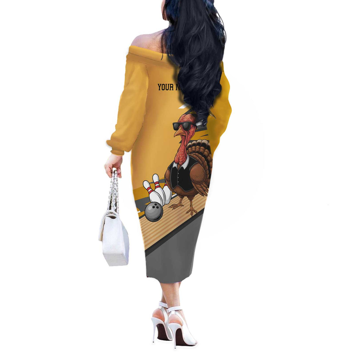 Personalized Cool Turkey Bowling Off The Shoulder Long Sleeve Dress with Sunglasses Pins - Wonder Print Shop