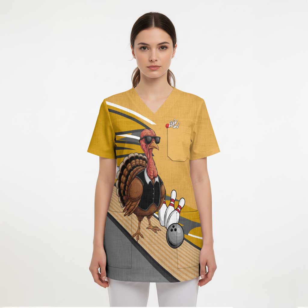 Personalized Cool Turkey Bowling Scrub Top with Sunglasses Pins - Wonder Print Shop