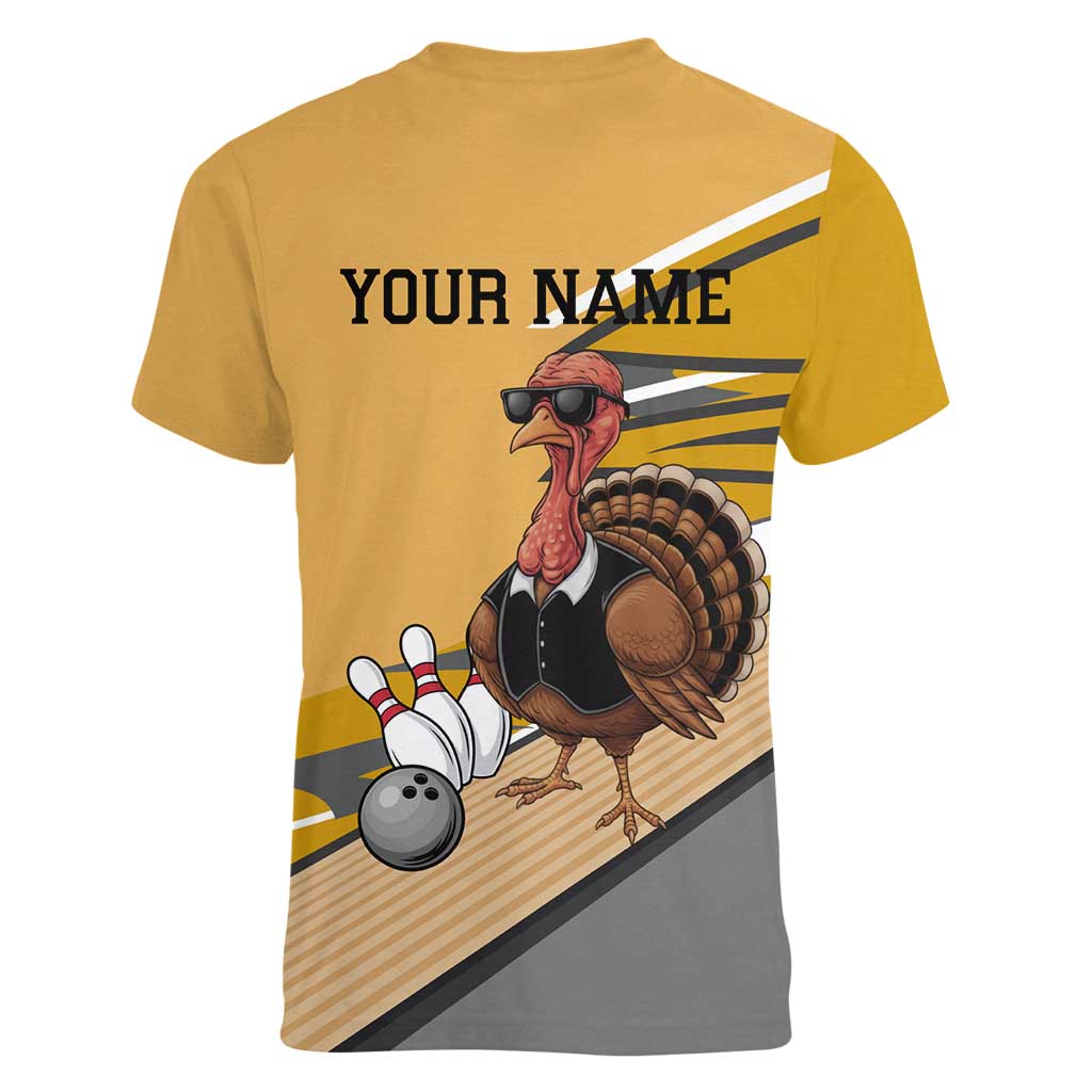 Personalized Cool Turkey Bowling Women V-Neck T-Shirt with Sunglasses Pins - Wonder Print Shop