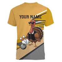 Personalized Cool Turkey Bowling Women V-Neck T-Shirt with Sunglasses Pins - Wonder Print Shop