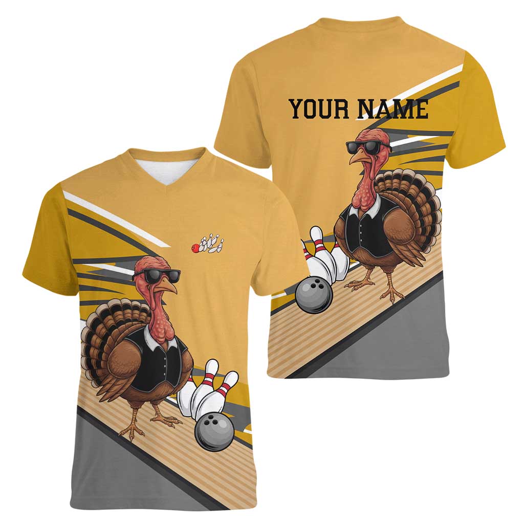 Personalized Cool Turkey Bowling Women V-Neck T-Shirt with Sunglasses Pins - Wonder Print Shop