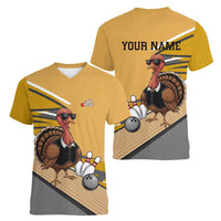Personalized Cool Turkey Bowling Women V-Neck T-Shirt with Sunglasses Pins - Wonder Print Shop