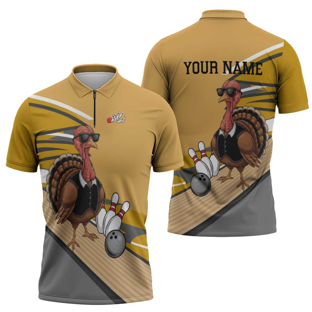 Personalized Cool Turkey Bowling Zipper Polo Shirt with Sunglasses Pins - Wonder Print Shop