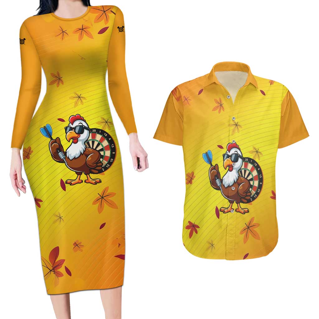 Personalized Funny Turkey Darts Couples Matching Long Sleeve Bodycon Dress and Hawaiian Shirt with Sunglasses Dartboard - Wonder Print Shop