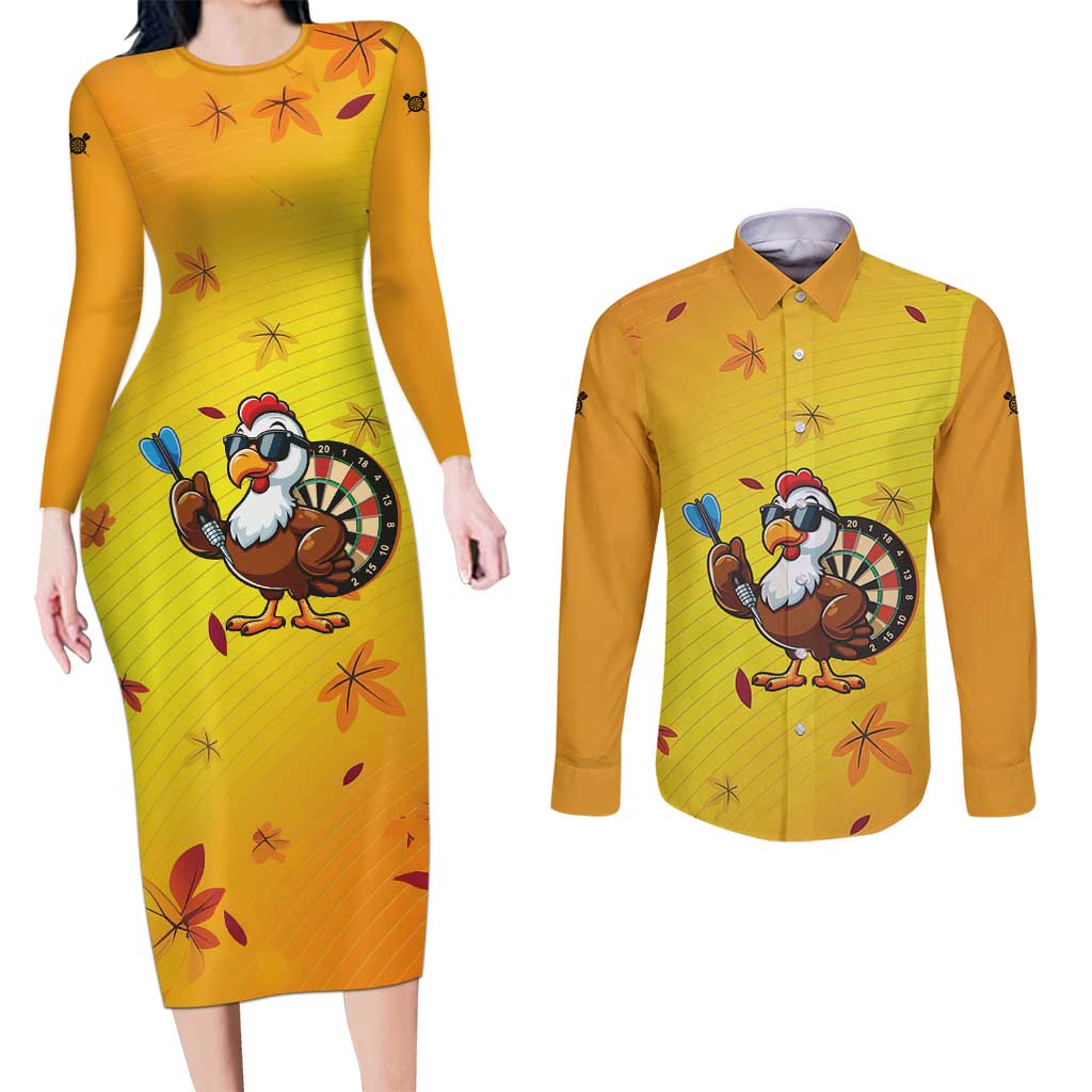 Personalized Funny Turkey Darts Couples Matching Long Sleeve Bodycon Dress and Long Sleeve Button Shirt with Sunglasses Dartboard - Wonder Print Shop