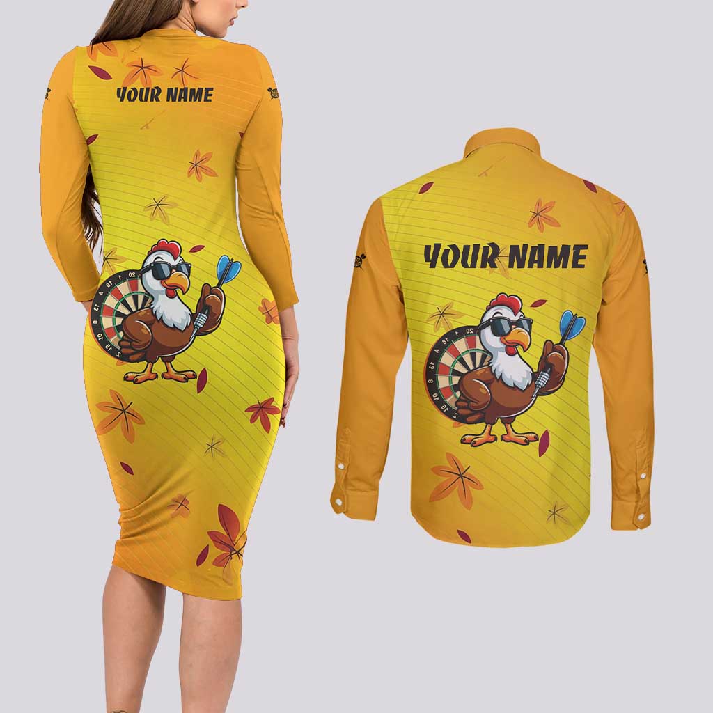 Personalized Funny Turkey Darts Couples Matching Long Sleeve Bodycon Dress and Long Sleeve Button Shirt with Sunglasses Dartboard - Wonder Print Shop