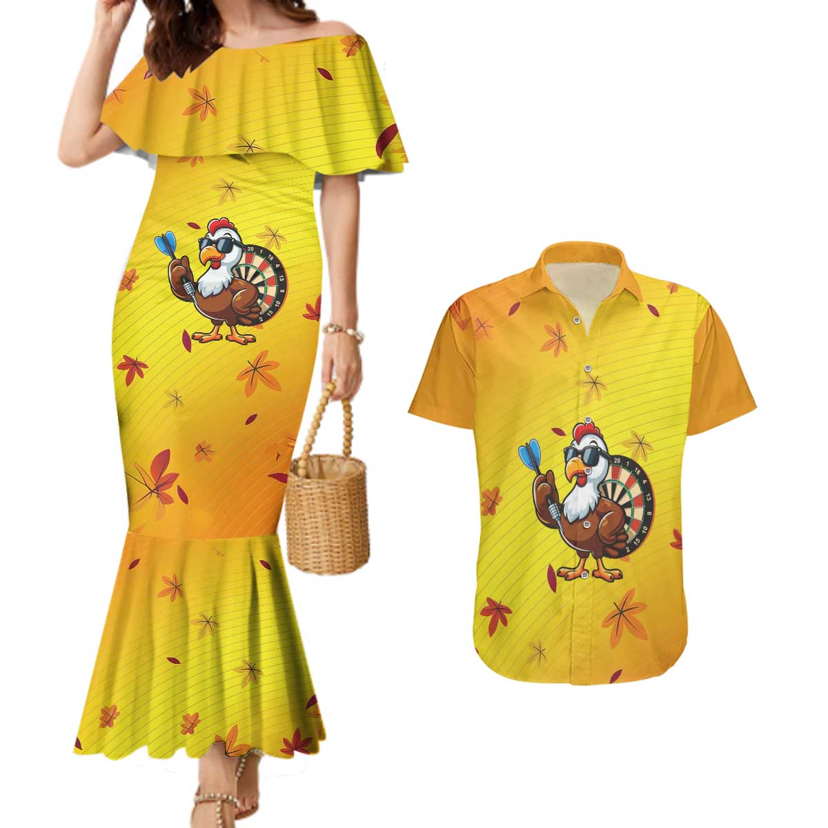 Personalized Funny Turkey Darts Couples Matching Mermaid Dress and Hawaiian Shirt with Sunglasses Dartboard - Wonder Print Shop