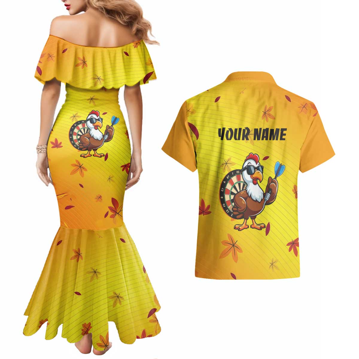Personalized Funny Turkey Darts Couples Matching Mermaid Dress and Hawaiian Shirt with Sunglasses Dartboard - Wonder Print Shop