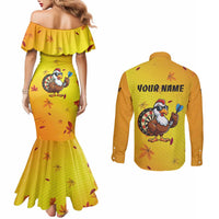 Personalized Funny Turkey Darts Couples Matching Mermaid Dress and Long Sleeve Button Shirt with Sunglasses Dartboard - Wonder Print Shop