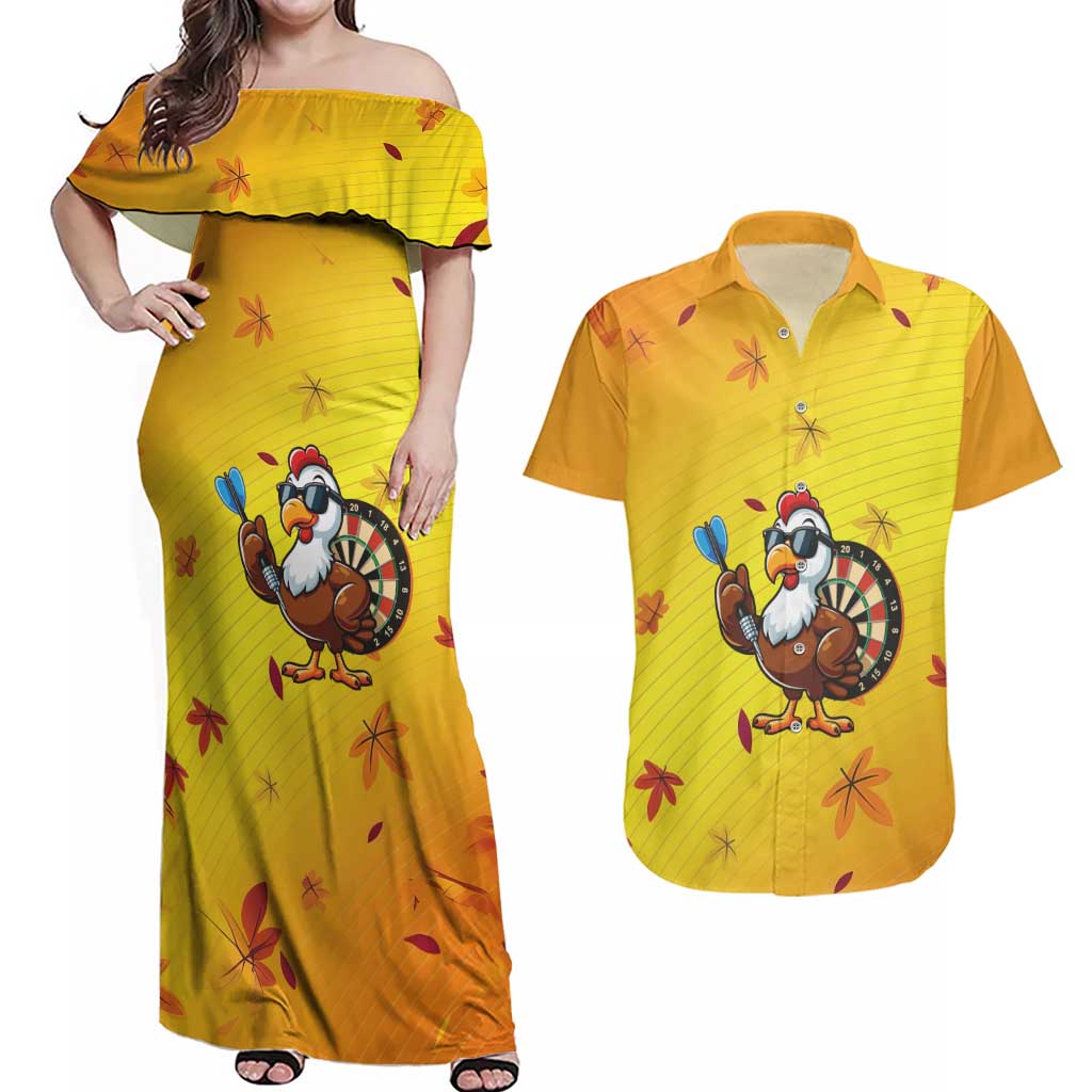 Personalized Funny Turkey Darts Couples Matching Off Shoulder Maxi Dress and Hawaiian Shirt with Sunglasses Dartboard - Wonder Print Shop