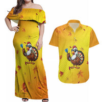 Personalized Funny Turkey Darts Couples Matching Off Shoulder Maxi Dress and Hawaiian Shirt with Sunglasses Dartboard - Wonder Print Shop