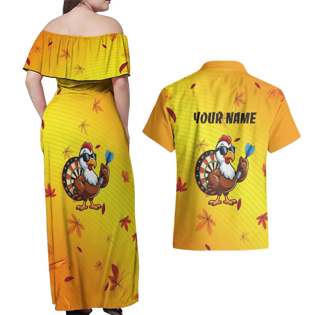 Personalized Funny Turkey Darts Couples Matching Off Shoulder Maxi Dress and Hawaiian Shirt with Sunglasses Dartboard - Wonder Print Shop