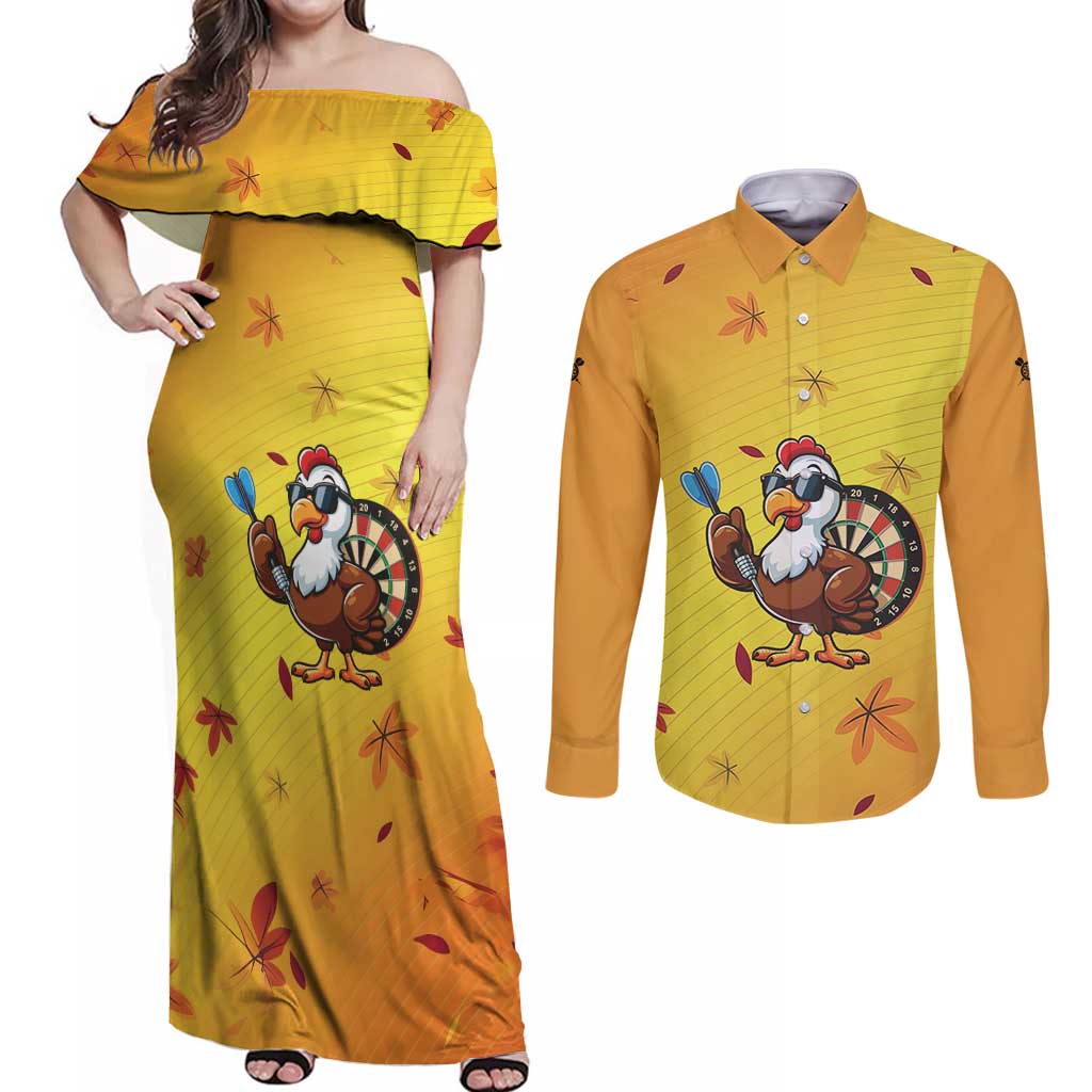 Personalized Funny Turkey Darts Couples Matching Off Shoulder Maxi Dress and Long Sleeve Button Shirt with Sunglasses Dartboard - Wonder Print Shop