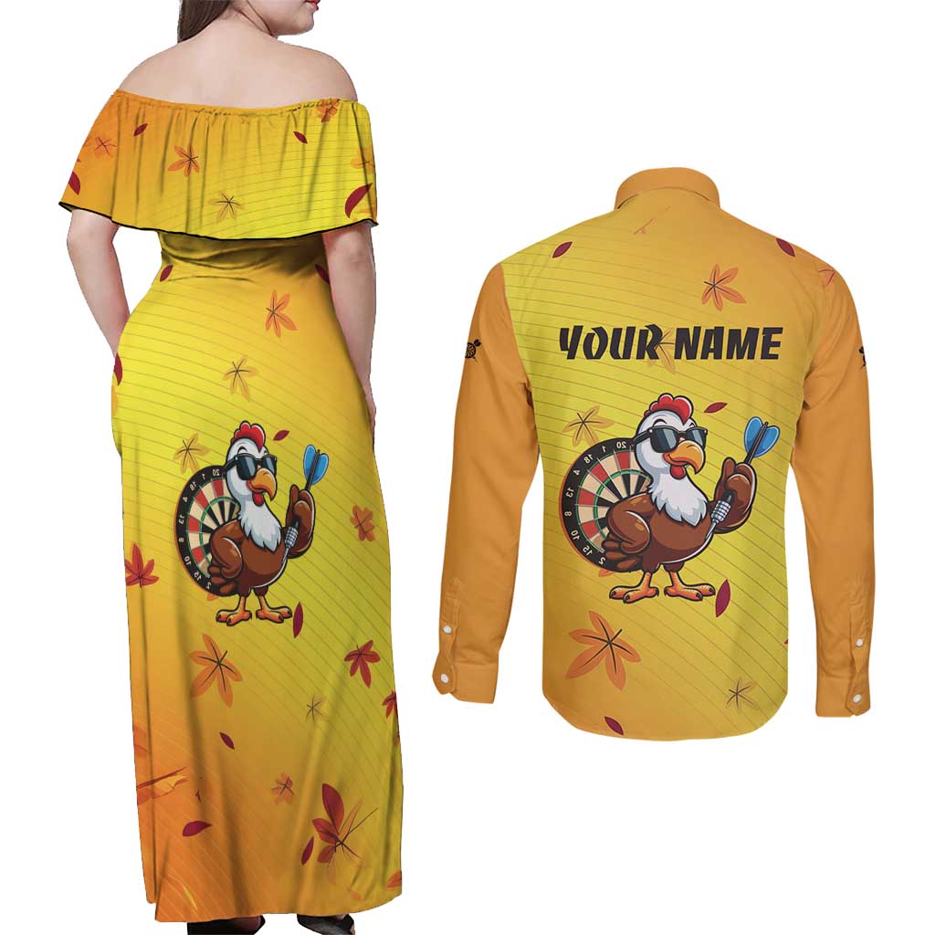 Personalized Funny Turkey Darts Couples Matching Off Shoulder Maxi Dress and Long Sleeve Button Shirt with Sunglasses Dartboard - Wonder Print Shop