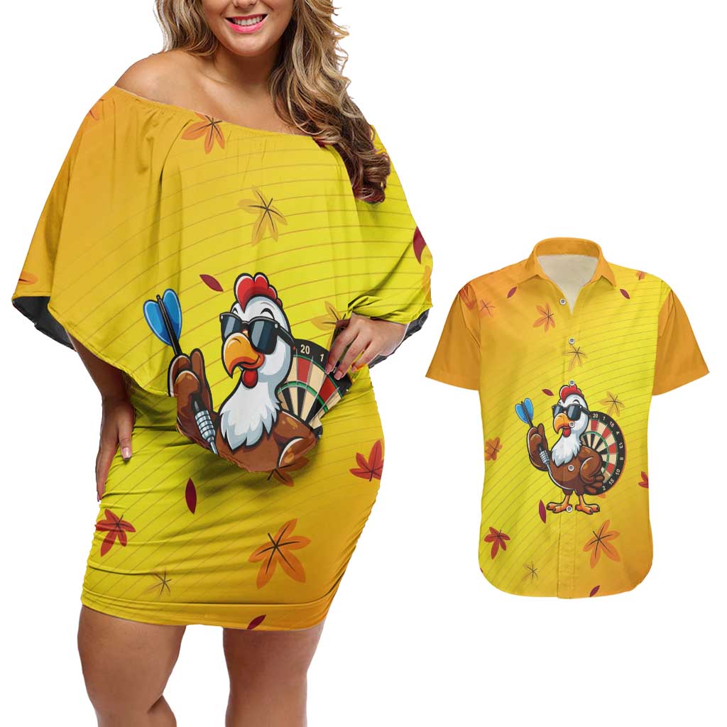 Personalized Funny Turkey Darts Couples Matching Off Shoulder Short Dress and Hawaiian Shirt with Sunglasses Dartboard - Wonder Print Shop