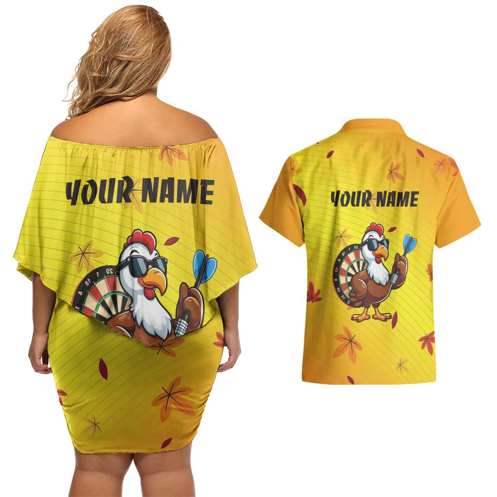 Personalized Funny Turkey Darts Couples Matching Off Shoulder Short Dress and Hawaiian Shirt with Sunglasses Dartboard - Wonder Print Shop