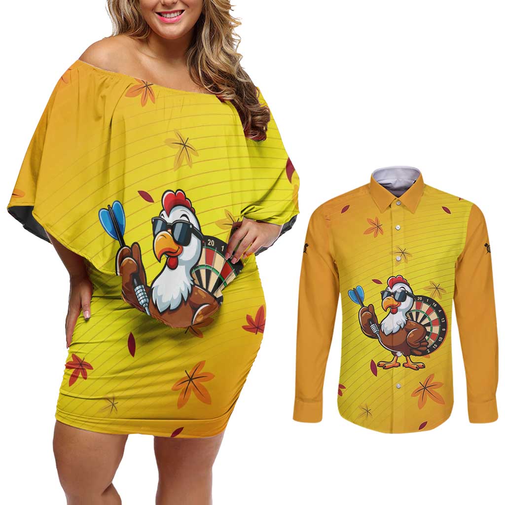 Personalized Funny Turkey Darts Couples Matching Off Shoulder Short Dress and Long Sleeve Button Shirt with Sunglasses Dartboard - Wonder Print Shop
