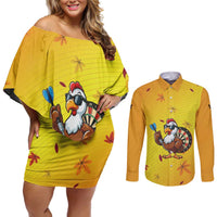 Personalized Funny Turkey Darts Couples Matching Off Shoulder Short Dress and Long Sleeve Button Shirt with Sunglasses Dartboard - Wonder Print Shop