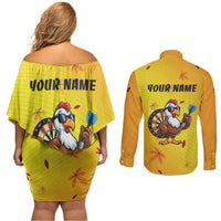 Personalized Funny Turkey Darts Couples Matching Off Shoulder Short Dress and Long Sleeve Button Shirt with Sunglasses Dartboard - Wonder Print Shop