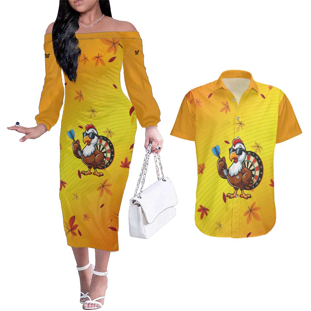 Personalized Funny Turkey Darts Couples Matching Off The Shoulder Long Sleeve Dress and Hawaiian Shirt with Sunglasses Dartboard - Wonder Print Shop