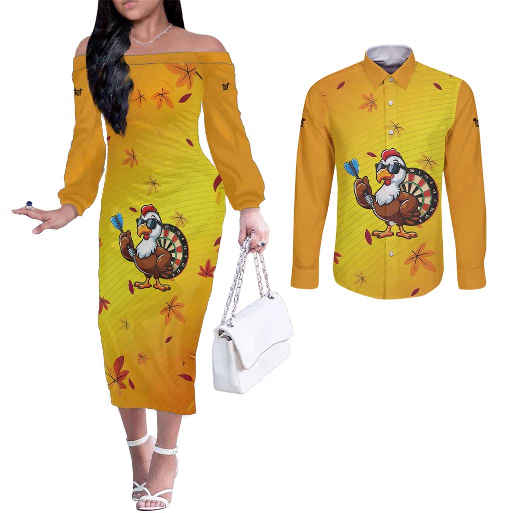Personalized Funny Turkey Darts Couples Matching Off The Shoulder Long Sleeve Dress and Long Sleeve Button Shirt with Sunglasses Dartboard - Wonder Print Shop