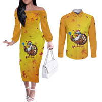Personalized Funny Turkey Darts Couples Matching Off The Shoulder Long Sleeve Dress and Long Sleeve Button Shirt with Sunglasses Dartboard - Wonder Print Shop