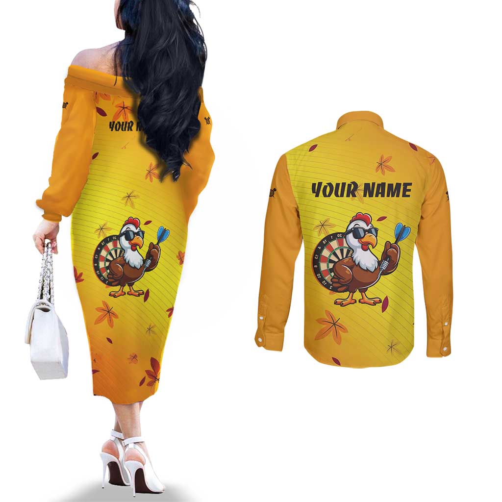 Personalized Funny Turkey Darts Couples Matching Off The Shoulder Long Sleeve Dress and Long Sleeve Button Shirt with Sunglasses Dartboard - Wonder Print Shop
